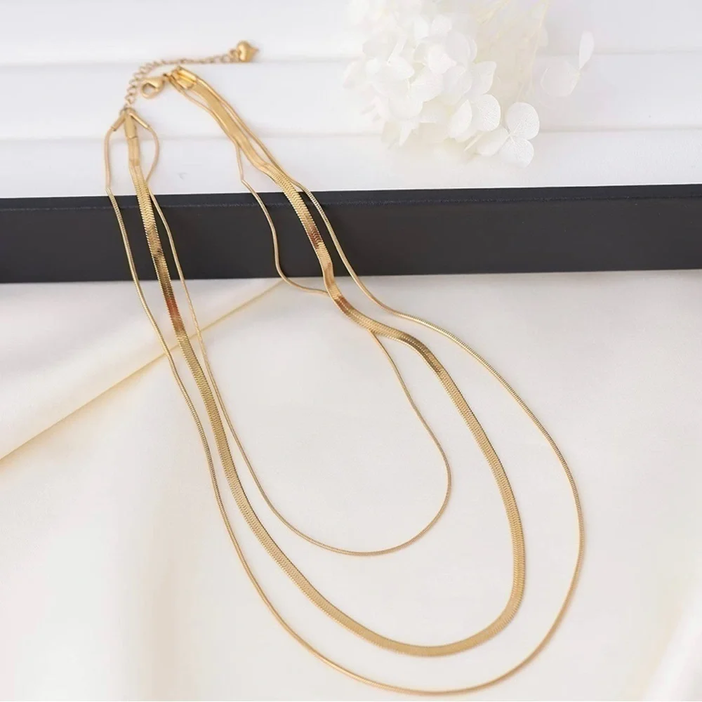 Gold 14k Gold Plated Herrinbone Layered Necklace